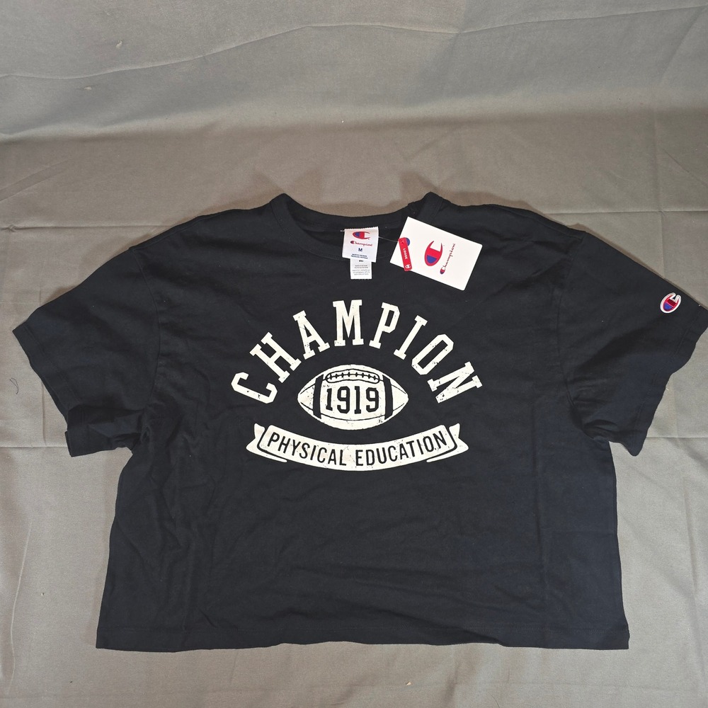 Champion Women Rec Center Cropped Tee Black Graphic Physical Education